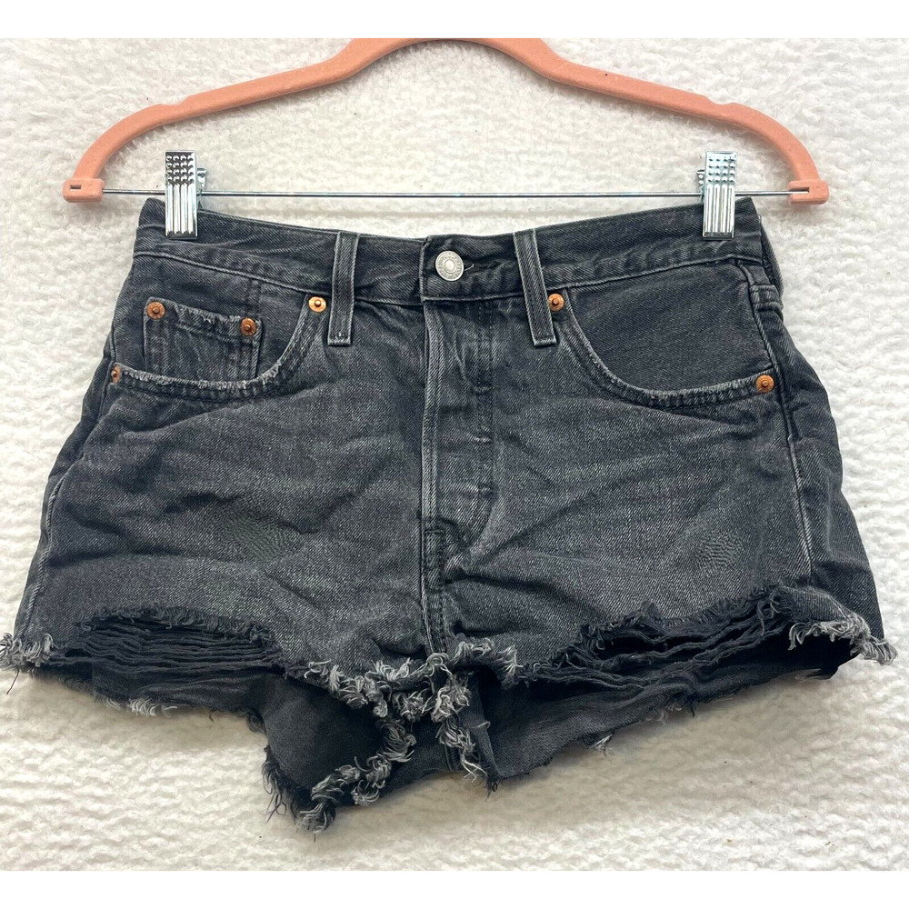 Levis 501 Shorts Womens 26 Gray Button Down Denim Raw Hem Jean Cut Off Button
